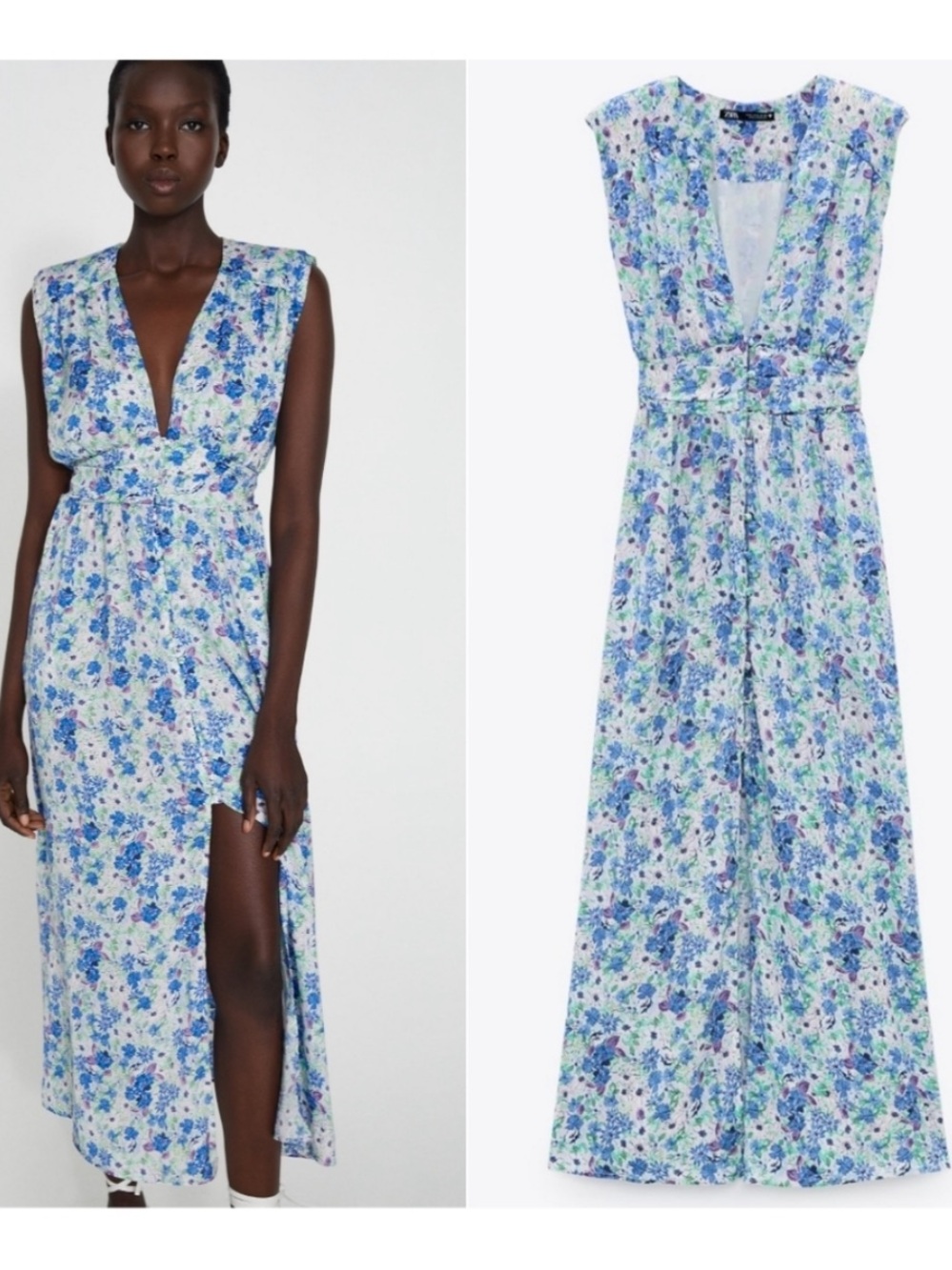 ZARA White Blue Floral Print Split Leg Summer Plunge Midi Maxi Dress Beach Large